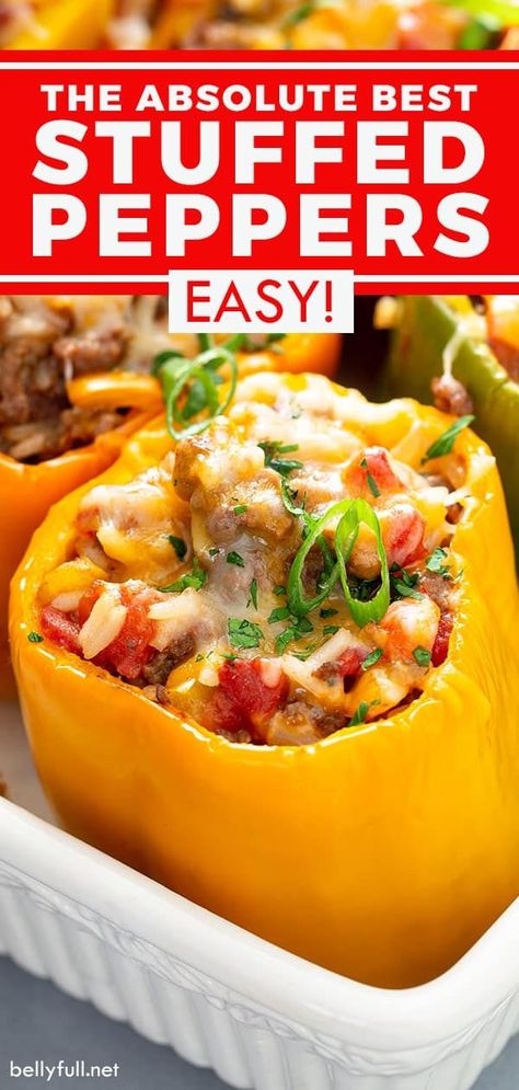 These easy Stuffed Peppers start with gorgeous multi-colored bell peppers, filled with a hearty mix of ground beef, rice, tomatoes, and seasonings, then finished with cheese and baked until tender. It's a perfect all in one healthy, delicious dinner that your family will love! Tacos, Stuffed Peppers, Easy Stuffed Peppers, Ethnic Recipes