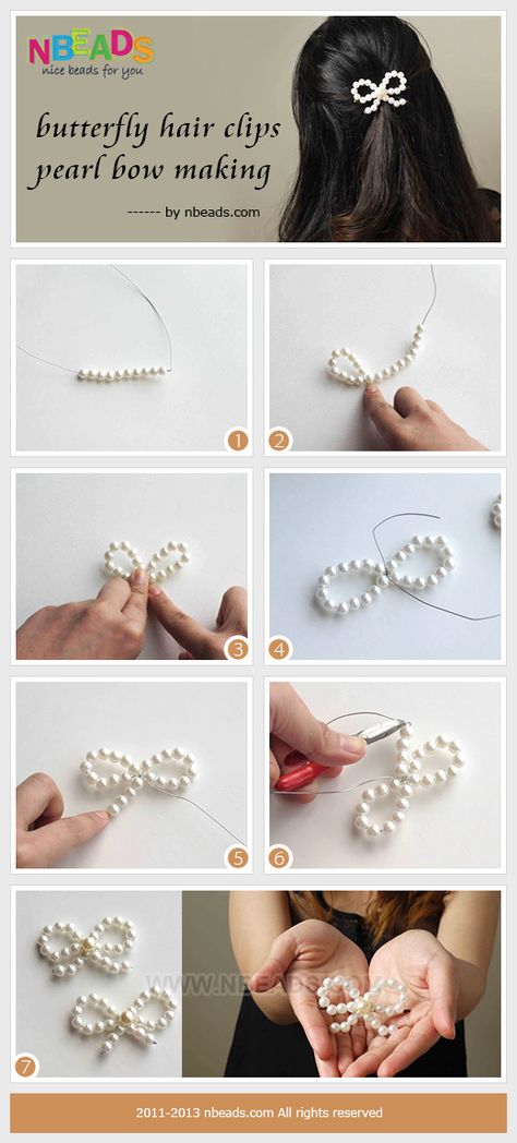 Today's project should be a fun one for those of you who enjoy butterfly hair clips. The main object for you to make is a pearl bow. These e... Hair Bows, Hair Clips Diy, Bead Hair Accessories, Diy Hair Bows, Beaded Hair Clips, Bead Jewellery, Diy Hair Accessories, Beaded Accessories, How To Make Bows