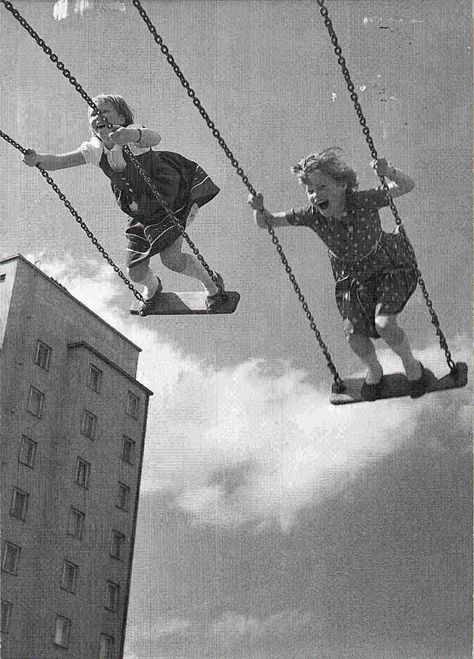 Here are two little swingers-Who aren't afraid of a thing-All they know for that moment-Is how exhilarating it is to swing-Reaching higher and higher-That's where they want to be-Who knows what's in their future-For now their young and their free. Fotografie, Fotografia, Swing, Resim, Old Photos, Life, Ilustrasi, Olds, Picture Show