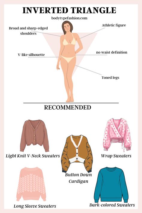 Best Sweater Styles for Inverted Triangle Body Shape - Fashion for Your Body Type Clothes, Clothing, Dressing, Cool Sweaters, Body Shape Guide, Rectangle Body Shape, Triangle Body Shape Outfits, Body Types Women, Inverted Triangle Body Shape Outfits