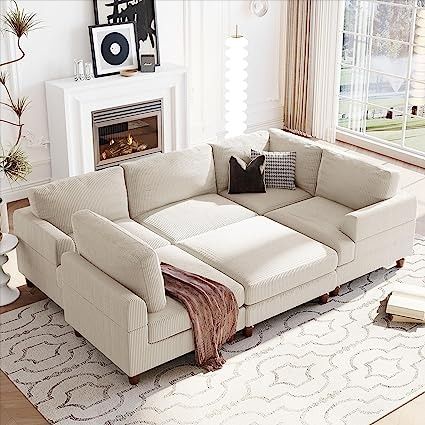 Eafurn L Shaped Modular Sectional Sofa with Reversible Chaise and Ottoman, Corduroy Symmetrical Corner Couch, Oversized Convertible Sleeper Sofa & Couch Bed for Living Room, Beige 6 Seater Sofa Couch Bed, Sectional Sofa, Sectional Ottoman, Sofa Offers, Sofa Couch, Corner Sectional Sofa, Sofa Set, Sofa Bed, Sofa Furniture