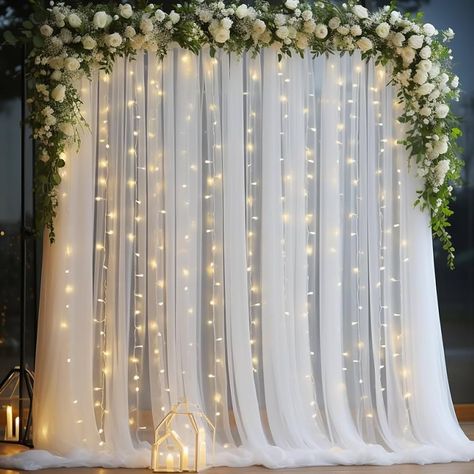 Amazon.com: 10x10ft White Tulle Backdrop Curtain with Lights String for Parites, Sheer Backdrop Curtains for Wedding Baby Shower Birthday Party Photo Shoot Decorations : Home & Kitchen Backdrop With Lights, Curtain Backdrop Wedding, Backdrop Decorations, Party Photo Backdrop, Lights Wedding Decor, Wedding Backdrop Lights, String Lights Wedding, Twinkle Lights Wedding Decor, Curtain Lights Wedding