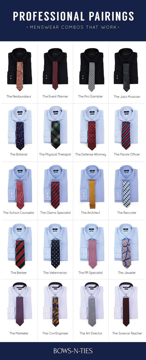 Ties to wear by Profession. Twenty MENSWEAR combos that WORK | Professional Pairings. Menswear, Casual, Outfits, Suits, Men's Fashion, Shirts, Men's Wardrobe, Fashion Menswear, Men Style Tips