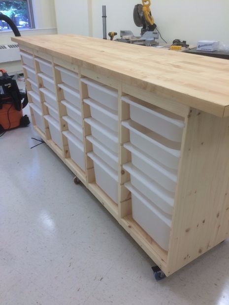 In our school's new maker space we had a storage problem. We needed lots of storage, but needed to maximize countertop real estate and mobility My solution is this Ikea Storage Behemoth. #IkeaHack Ikea, Garages, Garage Organisation, Diy Furniture, Rolling Storage, Garage Organization, Storage Room, Workbench, Craft Room Office