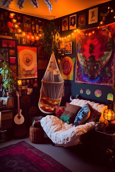 a hippie aesthetic chill spot. a fluffy couch and a hanging hammock. lots of arts and fairy lights on the wall. an inviting and cozy atmosphere. bright colors Boho, Interior, Home Décor, Hippie Room Decor, Hippie Bedroom Decor, Hippie Living Room, Hippie Living Room Ideas, Hippie Living Room Decor, Hippy Room