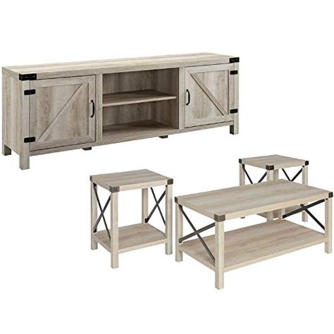 PRICES MAY VARY. 3-Piece Rustic Wood and Metal Coffee Table Set - White Oak x 1 70" Modern Farmhouse TV Stand - White Oak x 1. Strong farmhouse and industrial style Mixed material accent tables Metal X feature on sides  Included Items:  - 3-Piece Rustic Wood and Metal Coffee Table Set - White Oak x 1 - 70" Modern Farmhouse TV Stand - White Oak x 1. 3-Piece Rustic Wood and Metal Coffee Table Set - White Oak Lasso an industrial farmhouse feel into your home with this wood and metal accent three-pi Home, Coastal Furniture, Coastal Living, Beachfront Decor, Living Room Table Sets, End Table Sets, Living Furniture, End Tables, Contemporary Coffee Table
