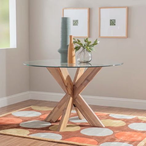 Lark Manor Alejoa Solid Wood Glass Top Dining Table & Reviews | Wayfair Round Dining Table, Dining Table In Kitchen, Glass Top Dining Table, Modern Dining Table, Wood Base Dining Table, Dining Room Table, Dining Table, Wood Dining Table, Glass Dining Room Table