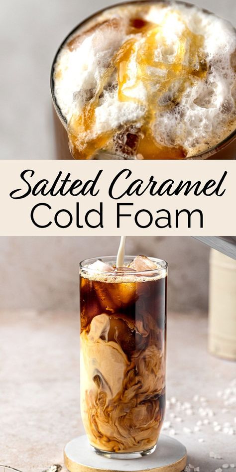 This salted caramel cold foam recipe is an easy to make copycat version of the favorite Starbucks topping. Made with only 4 ingredients, you can put this on any of your favorite coffee or tea drinks. Coffee Recipes, Alcohol, Smoothies, Cocoa, Dessert, Homemade Coffee Drinks, Flavored Coffee Recipes, Coffee Creamer Recipe, Homemade Coffee