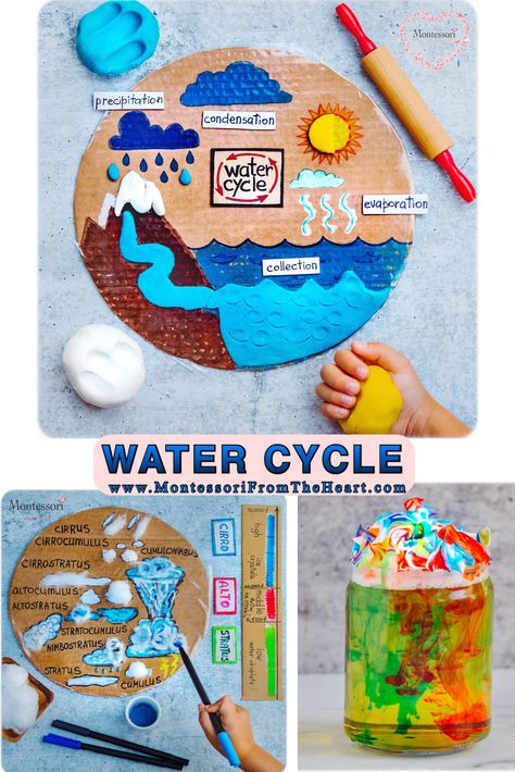 Hands-on DIYs to learn about water cycle, including evaporation, condensation, such as cloud types, precipitation such as raining in a jar. #montessori #preschool #diy #homeschool #homeschooling #watercycle #watercycleactivities #recycled #crafts #kidsactivities Montessori, Water Cycle For Kids, Water Cycle Activities, Water Cycle Project, Water Cycle Craft, Water Cycle, Water Cycle Model, Water Projects, Science Activities For Kids