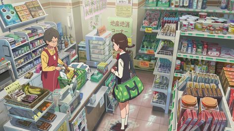 MikeHattsu Anime Journeys: Your Name - Convenience Store Design, Studio Ghibli, Layout, Manga, Concept Art, Anime Store, Anime Places, Anime City, Gifs