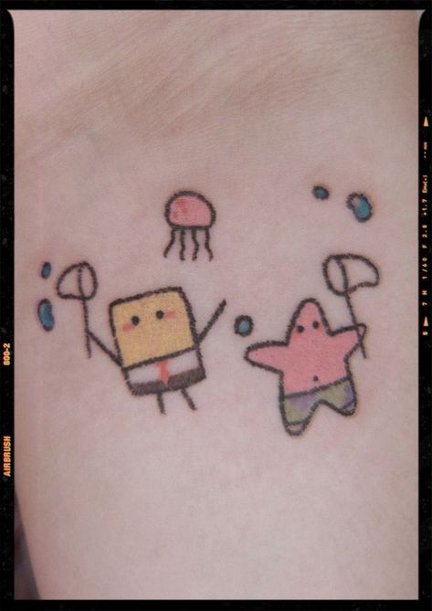 Disney Tattoos, Tattoos, Doodles, Ink, Spongebob Tattoo, Sharpie Tattoos, Spongebob And Patrick Matching Tattoos, Spongebob, Hand Doodles