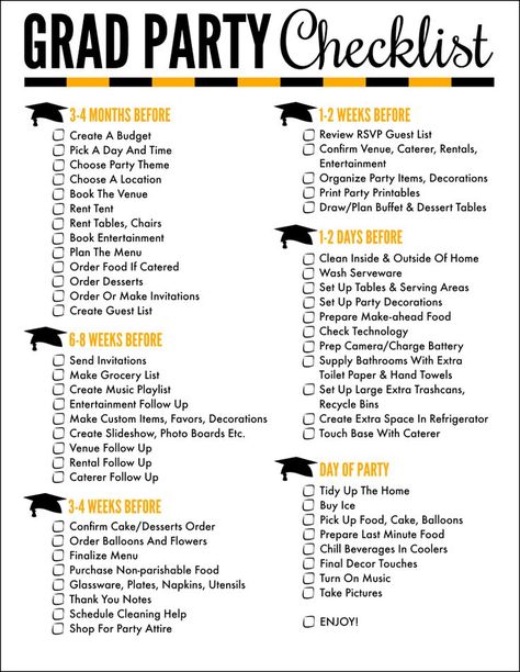 Free Printable Graduation Party Checklist pdf - a great help to planning any graduation party! OHMY-CREATIVE.COM | Graduation Party Ideas | How to plan a graduation party at home | High School Graduation Checklist | Graduation Party Planning Tips High School, Pre K, Graduation Party Checklist, Graduation Party Planning, College Graduation Parties, College Grad Party, Cheap Graduation Party Ideas, High School Graduation Party Decorations, High School Graduation Party Food
