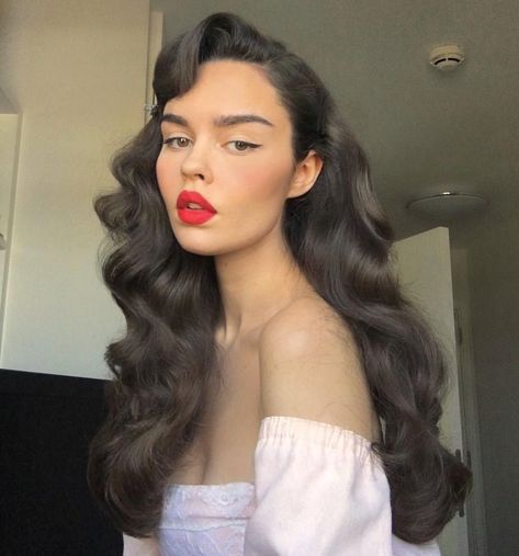Pin curled natural long hair! #longhair #longhairstyles #retro #retrofashion #offtheshoulder #redlips #1950s #hairstyles Long Hair Styles, Hair Styles, Hair Looks, Hair Inspiration, Natural Hair Styles, Haar, Curly Hair Styles, Hair Inspo, Hair Cuts