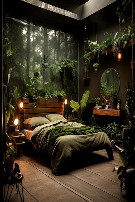 Dark cozy bedroom with a nature theme, featuring a forest wall mural, hanging plants, and ambient lighting. Home Décor, Home, Interior, Green Rooms, Sage Green Bedroom, Bedroom Green, Black Bedroom, Beige Bedroom, Olive Green Bedrooms