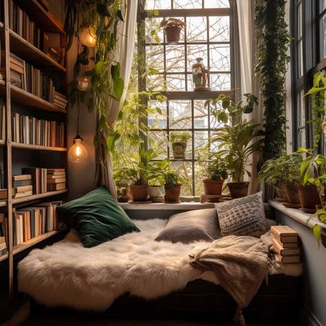 Home, Decoration, Inspiration, Window Nooks, Window Decor, Window Nook, Bay Window Reading Nook, Bay Window Ideas Bedroom Small Spaces, Library Bedroom Ideas