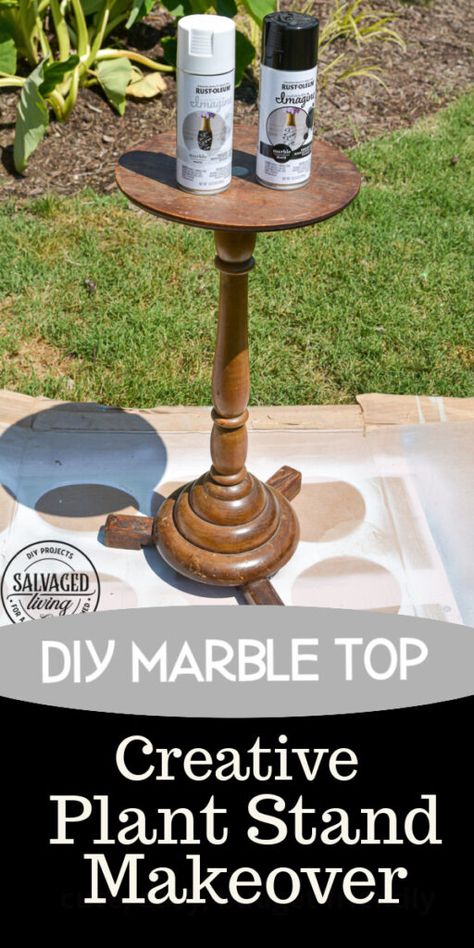 DIY Marble Plant Stand Makeover - Salvaged Living Diy, Tables, Ideas, Plant Stand Makeover, Painted Tables, Painted Table, Wood Plant Stand, Plant Stand Table, Pedestal Side Table