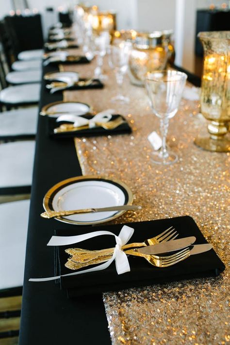 A glamorously decorated table perfect for a black and white wedding theme seeking an extra flair. | A Brit & A Blonde Wedding Decorations, Decoration, Gold Table Runners, Gold Sequin Table Runner, Table Decorations, Gold Party, Wedding Table, Gold Wedding Theme Reception, Wedding Reception Tables
