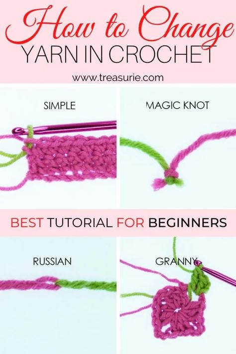 How To Change Yarn In Crochet - Best Way | TREASURIE Crochet, Crochet Stitches, Joining Yarn Crochet, Crochet Stitches Guide, Crochet Stitches Patterns, Joining Yarn, Crochet Basics, Crochet Instructions, Crochet Yarn