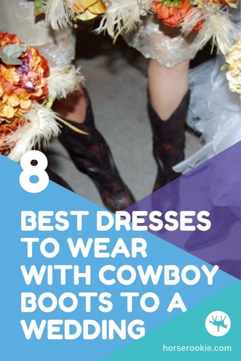 If you’re planning on wearing cowboy boots as a wedding guest, jeans might not quite cut it. We went on the hunt for some of the best dresses to wear with your boots! You’re welcome. #cowboyboots #westernwedding #wedding Parties, Yoga, Cowboy Wedding Attire, Cowboy Boot Wedding, Dress With Cowboy Boots Wedding Guest, Cowgirl Boots Wedding, Cowboy Wedding Dress, Dresses To Wear With Cowboy Boots, Dress And Cowboy Boots Outfit