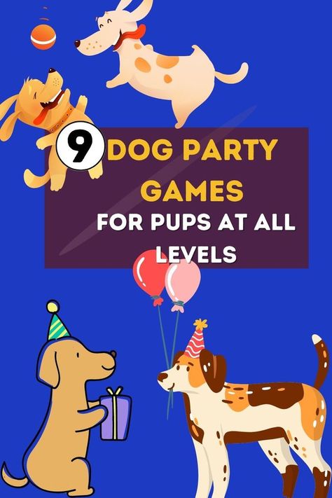 two dogs playing with a ball, one dog holding a present, and another dog holding balloons Dog Party Games, Dog Themed Parties, Dog Games Diy, Puppy Birthday Parties, Party Games, Dog Birthday Party, Dog Party, Dog Daycare, Dog Games