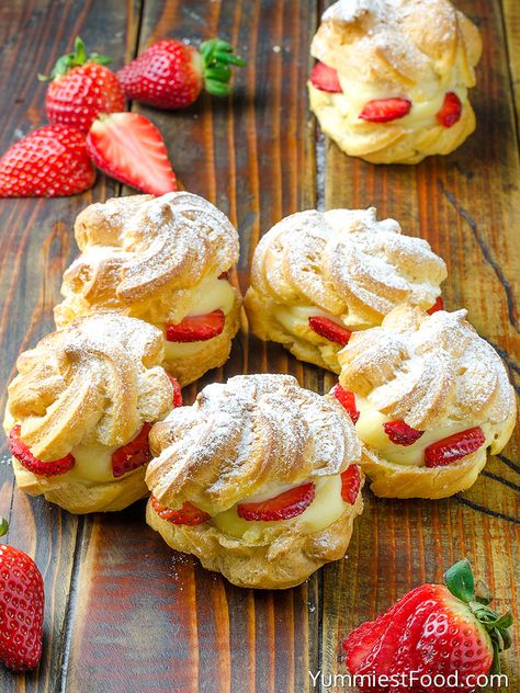 Strawberry Cream Puffs - this is a dreamy dessert! These Strawberry Cream Puffs make perfect snack or dessert. Very easy to make with few ingredients! These Strawberry Cream Puffs are so light, fresh, moist and delicious. Perfect for every occasion! Dessert, Desserts, Tart, Brioche, Pasta, Strawberry Cream Puffs, Strawberry Cream Puff Recipe, Strawberry Recipes, Pastry
