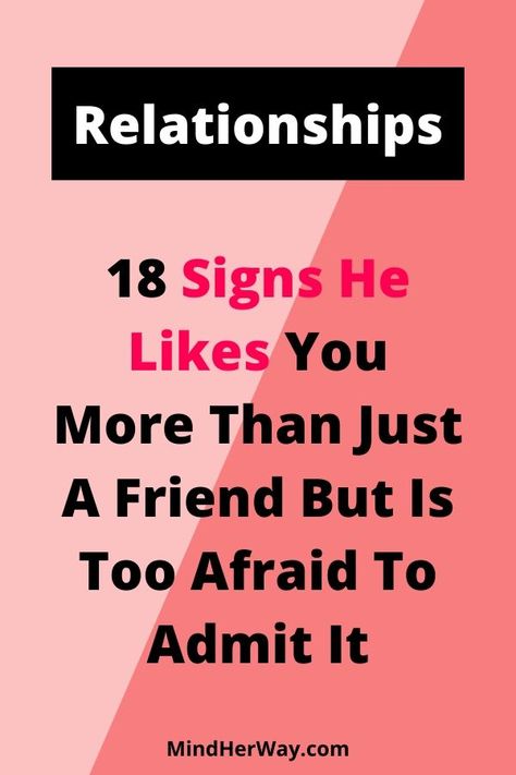 18 Undeniable signs he likes you more than a friend. These are subtle signs he likes you but may be too afraid to admit it. Look out for his body language and how he behaves around you. These are 18 signs he has a crush on you. There are also some signs he might be in love with you but too scared to tell you. If he's into you, he won't be able to hide it completely. So look out for these subtle signs he likes you or loves you more than just a friend. Relationships, Signs Hes Into You, Signs Guys Like You, Signs He Loves You, Relationship Advice, Signs She Likes You, Make Him Want You, Just Friends Quotes, Relationship