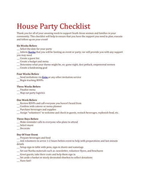 House Party Checklist - How to create a House Party Checklist? Download this House Party Checklist template now! House Party Checklist, Party Planning Checklist, Host A Party, House Party Planning, Party Checklist, Party Planning, Event Planning, House Party, How To Plan