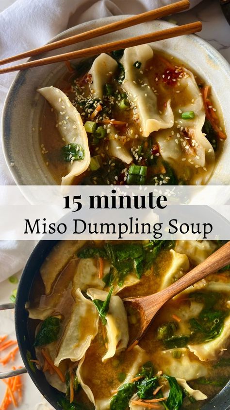 miso dumpling soup ready in just 15 minutes. topped with green onion and sesame seeds Chilis, Snacks, Miso Soup, Ramen, Healthy Recipes, Easy Miso Soup Recipe, Miso Soup Recipe Easy, Miso Soup Recipe, Miso Soup Recipes