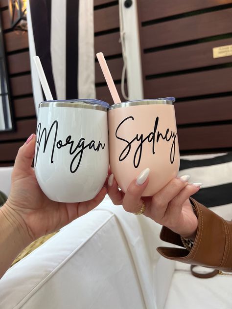 Our 12 oz Wine tumblers will be a hit at any event or bachelorette party! These personalized tumblers are reusable and won't leave anyone guessing where their drink is! Our custom wine tumblers make a great thank you gift at your next bridal shower party. They will be keep your drink cold and comes with a lid and matching straw. Our wine tumblers are personalized with a handwritten cursive font in any color you choose! Ships next day vis USPS priority 1-3 day mail! Description of tumbler: The Maars Bev Steel is a 12 oz double wall 18/8 stainless steel copper coated, vacuum insulated travel tumbler with a powder coated finish that protects against chips and scratches. Comes with a clear push-on lid and matching straw. Non-toxic and BPA-free. Care Instructions: Hand Wash Recommended Capacity Wines, Personalized Wine Tumbler, Wine Tumblers, Personalized Wine, Custom Drinking Glasses, Bachelorette Wine Glasses, Personalized Tumblers, Wine Bachelorette Party, Bachelorette Cups