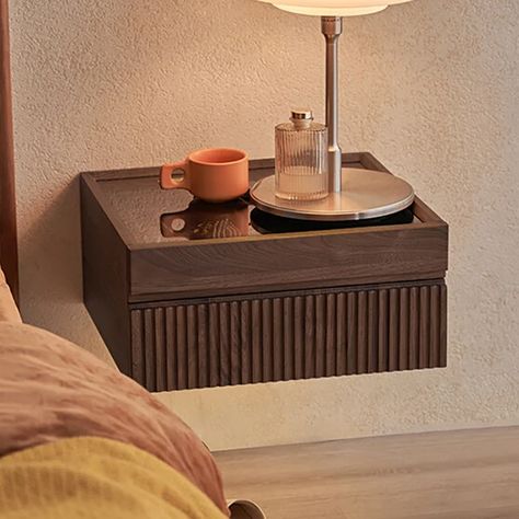 Modern Floating Walnut Nightstand with Glass Top & Jewelry Storage Bedside Table Design, Floating Bedside Table, Bedside Table Design, Wood Bedside Table, Bedside Table Storage, Side Tables Bedroom, Bedside Table, Modern Bedside Table, Minimalist Side Table Bedroom