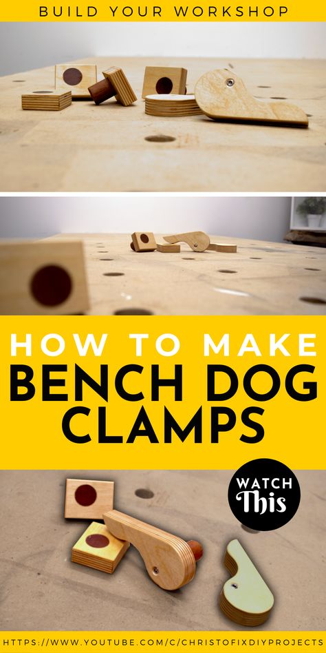 In this video, I will show you how you can build these simple DIY bench dog clamps for your workbench. I made them out of pieces of scrap plywood. This workbench jig will secure your workpiece on to your workbench. There are free plans available. #workbench #workshop #clamps #clamping #clampingsystem #benchclamps #benchdogclamps #diyclamps #clampjig Woodworking Projects, Woodworking Plans, Diy, Woodworking Shop, Woodworking Bench, Woodworking Drill Press, Woodworking Projects Diy, Woodworking Techniques, Diy Woodworking