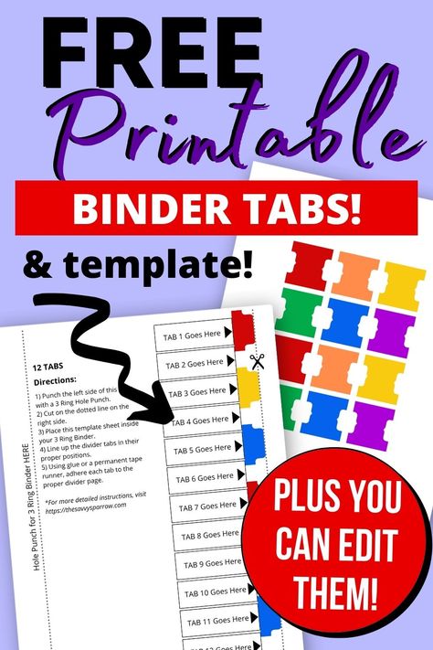 Want to make your own DIY divider tabs for your binders and planner? This easy step by step tutorial for how to make tab dividers is for you! Grab the free printable template for planner organization now! Plus, you can even edit the divider tabs in the template to say whatever you like! Great to use for DIY planner dashboards too! Planners, Adhd, Binder Tabs, Binder Dividers, Budget Printables, Printable Tabs, Diy Binder, Planner Tabs, Divider Tabs