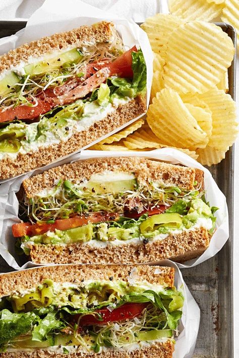 Cucumber Sandwich | "I worked at a sandwich shop that made these vegetable sandwiches stuffed with cucumbers, sprouts, tomatoes, and avocadoes. They were a veggie's dream!" #vegetarian #vegetariandishes #vegetarianrecipes #allrecipes Avocado, Sandwiches, Cheese, Cucumber Sandwiches, Allrecipes, Baguette Sandwich, Veggies, Tomato, Sandwich Shops