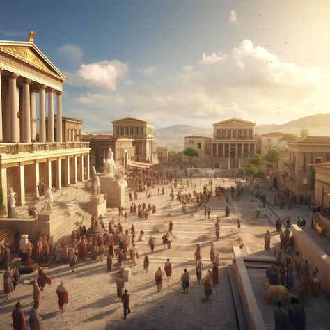 Wide shot of an ancient Greek city, capturing the essence of the era's architecture and ambiance. The camera pans slowly through the bustling streets, immersing the audience in the historical setting. Ancient Architecture, Greek Architecture Aesthetic, Greek City Aesthetic, Greece Architecture, Roman Buildings Aesthetic, Ancient Greece Moodboard, Ancient City, Greek Town Aesthetic, Greek City Concept Art