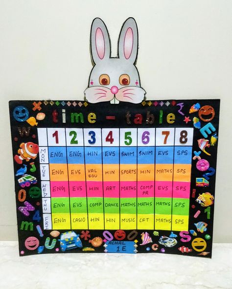 Time table chart designs  Creativity by Vasundhra Sharma Crafts, Diy, Ideas, Origami, School Board, Class Activities, Class Decoration, Class Timetable, Kindergarden Activities