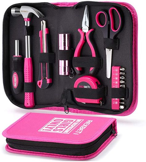 REXBETI 17-Piece Women Tool Set, Ladies Pink hand Tool Kit with Durable Carrying Pouch, Suitable for DIY, Home Maintenance - - Amazon.com Pink, Tools And Equipment, Tool Set, Pink Tool Set, Pink Tool Box, Tool Box, Tool Kit, Hand Tool Set, Hand Tool Sets