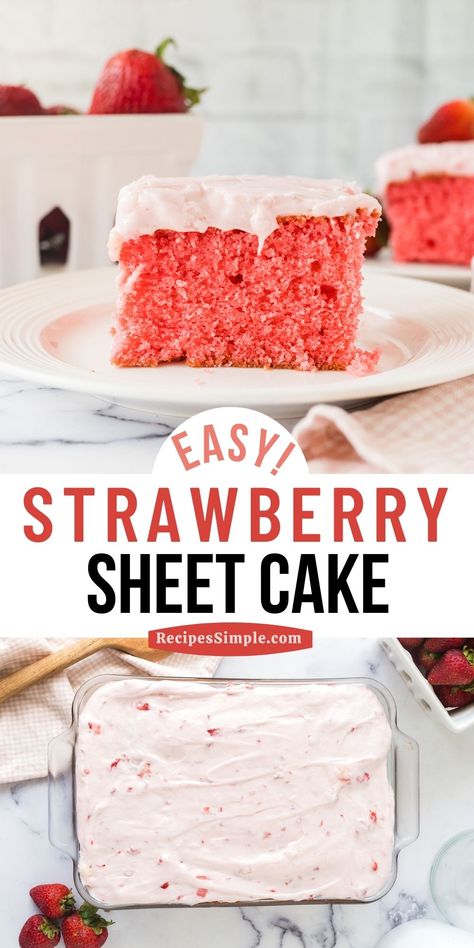 Ideas, Snacks, Strawberry Sheet Cake Recipe From Scratch, Strawberry Sheet Cakes, Sheet Cake Recipes, Strawberry Cake From Scratch, Vanilla Sheet Cakes, Homemade Strawberry Cake, Easy Strawberry Cake