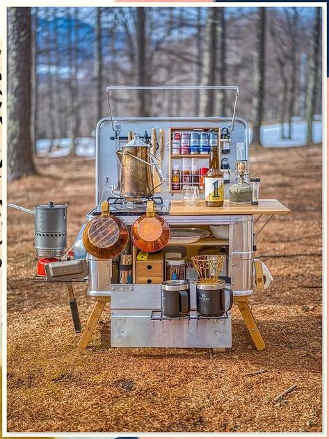 If you're looking for a camping kitchen that can handle everything from burgers to stir-fries, check out our outdoor kitchen! This unit is perfect for using in parks, forests, or any other outdoor setting. Camping, Tent, Camping Gear, Camper, Camping Box, Suv Camping, Camping Set, Camping Set Up, Camping Gadgets