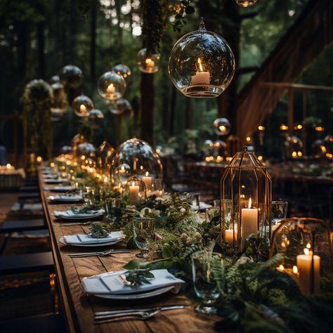 Creating a Magical Forest Wedding and Reception with MidJourney: Part 2 Fairy Forest Wedding Table Decor, Fairy Garden Reception, Hanging Lanterns Wedding Reception, Enchanted Forest Indian Wedding, Centerpieces Lantern Wedding, Forest Wedding Decor Ideas, Lanterns In Trees Wedding, Rustic Natural Wedding Decor, Enchanted Forest Theme Wedding Dress