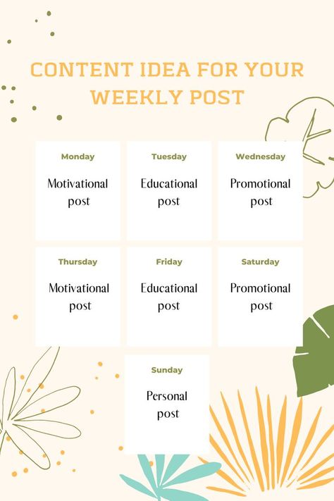 Content Idea For Your Weekly Schedule Post on Social Media (Instagram, Facebook) Motivation, Social Marketing, Weekly Posting Schedule Social Media, Content Planning, Schedule Posts, Social Media Schedule, Content Planner, Social Media Tool, Online Marketing