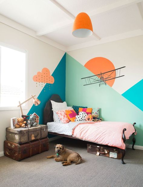 Or how about only designing a corner of his room like this.. You can paint the geometric shapes yourself and find decals of a plane or whatever to add onto it. Home Décor, Child's Room, Kids Room Wall, Kids Room Design, Kids Room Inspiration, Kids Room Paint, Kids Bedroom, Kid Room Decor, Kids Room