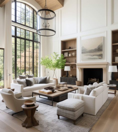 Home, Tall Brick Fireplace High Ceilings, Vaulted Ceiling Living Room, Vaulted Ceiling, Floor To Ceiling Windows, Tall Ceiling Decor, Tall Windows Living Room, Living Room Vaulted Ceiling, Modern Transitional Home