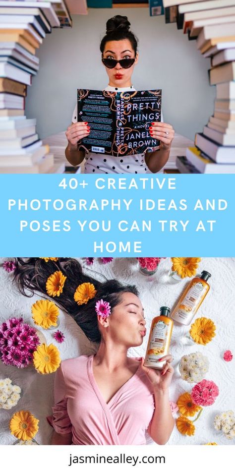 Are you planning a DIY photoshoot and looking for fun and creative poses and picture ideas to try? Then you're in luck! In this post, I go over more than 40 photoshoot ideas and poses you can do from the comfort of your own home! From book frames and flower baths to poolside poses, photos with pets, and designing your own magazine shoot, this post has something for any girl looking for some fresh content ideas for Instagram! And you don't need to be a pro photographer to try some of these poses! Photography Poses, Instagram, Ideas, Creative Photoshoot Ideas, Photography Ideas At Home, Ideas For Photoshoot, Photo Shoot, Photoshoot Ideas, Photoshoot Inspiration
