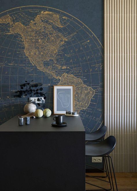 WALL MURAL INFO: Introduce gold and navy blue color tones to your space with our Gold Western Hemisphere Map Wall Mural. Featuring a high detailed map over a rich texture, this removable wall mural is perfect for any dining room or living room. Eazywallz has been printing wallpaper and wall murals for over a decade. We specialize in removable and reusable murals and wallpaper, but also offer a range of commercial papers. As one of the leading companies in the wallcovering industry, we offer the Home Décor, Design Styles, Interior Design, Décor, Art Deco, Rich Textures, Interior Design Styles, Office Design, Room
