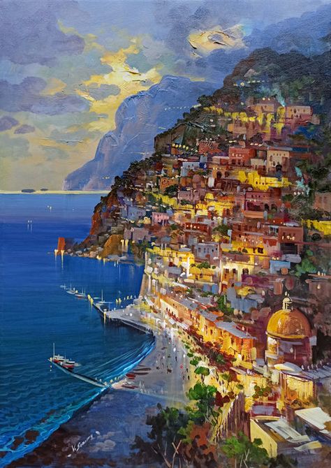 Amalfi, Landscape Paintings, Italian Paintings, Italy Painting, Italian Art, Artwork Painting, Italian Landscape, Italy Art, Big Art