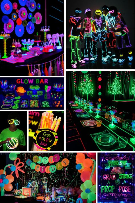 Neon blacklight Glow-in-the-Dark Party ideas + more Tween boy birthday party ideas including at-home games, outside activities, fun food and creative out-of-the-house experiences. Great birthday party themes for boys turning 9, 10, 11 or 12! Glow In The Dark Outside Party, Neon Birthday Food, Glow In The Dark Bday Party Ideas, Glow Themed Birthday Party, Edm Themed Party, Glow In The Dark Birthday Theme, Edm Birthday Party Ideas, Led Birthday Party Ideas, Lets Glow Party Ideas