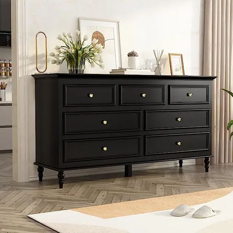 black dresser Interior, Home Décor, Home, 7 Drawer Dresser, Dresser Drawers, Dresser With Tv, Dressers And Chests, Dresser Decor Bedroom, Solid Wood Dresser