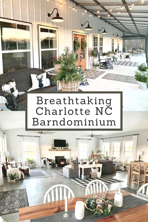 Charlotte NC Barndominium is a testimonial to the potential of combining durability and energy efficiency with glamor and comfort. A serene lake, clear blue skies, towering trees, and a carpet of green grass make this setting a dream retirement destination. This stunning abode will inspire anyone to construct their own barndominium according to their family’s rural lifestyle. For more pictures, visit: barndominiumlife.com Inspiration, Design, Exterior, Ranch House, Pole Barn Homes, Farmhouse Barndominium, Pole Barn House Plans, Barn Homes Floor Plans, Barn Style House Plans