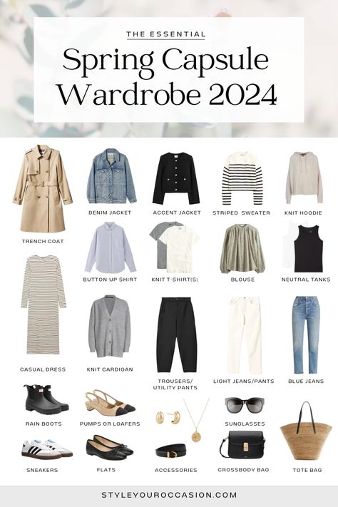 Looking for the perfect spring capsule wardrobe 2023? This timeless, classy, neutral spring capsule has spring outfits for women in their 20s, 30’s, 40s, and over 50! If you are a mom and want casual yet stylish outfits, or are looking to create chic spring outfits for work, you’ll find this capsule guide and checklist super helpful! With a polished French inspired appeal, this capsule is perfect for the spring season! Casual, Outfits, Capsule Wardrobe, Spring Capsule Wardrobe Work, Spring Capsule Wardrobe, Neutral Capsule Wardrobe, Spring Wardrobe Essentials, Spring Summer Capsule Wardrobe, Summer Capsule Wardrobe