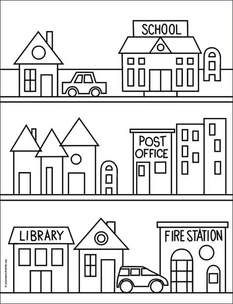 Easy How to Draw Your Neighborhood Tutorial and Coloring Page Colouring Pages, Kindergarten Drawing, School Coloring Pages, Kindergarten Art Activities, School Resources, Preschool Coloring Pages, Preschool Activity, Worksheets For Kids, Drawing For Kids